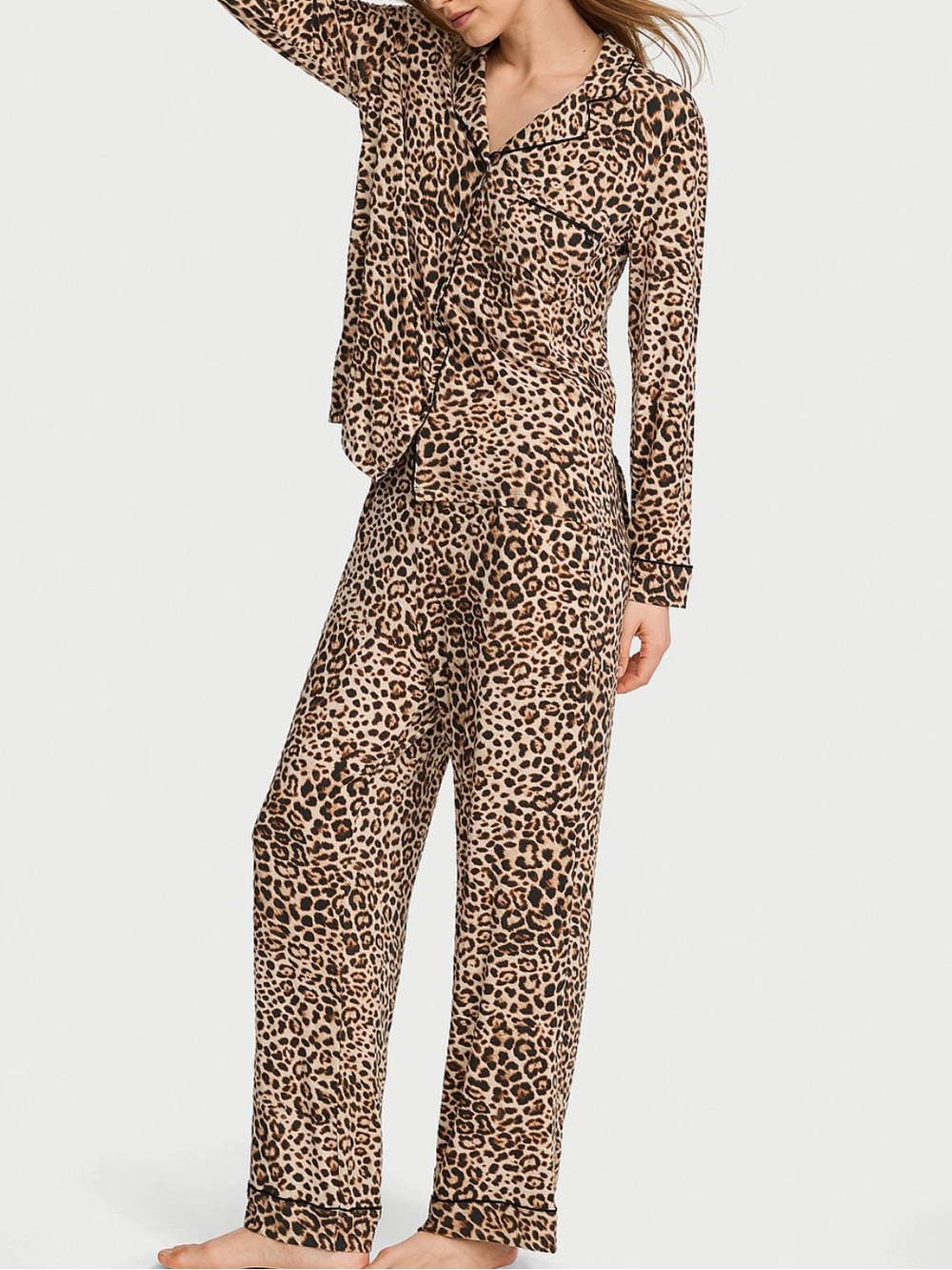 VICTORIAS SECRET SOSOFT MODAL LONG PAJAMA SET in Vintage Tan Leopard Size Small
